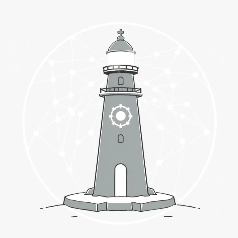 A holographic lighthouse beacon, projecting a dynamic, ever-changing network of interconnected nodes and pathways, with a central AI core that pulses with light, symbolizing the governance and oversight of both visible and hidden digital agents.