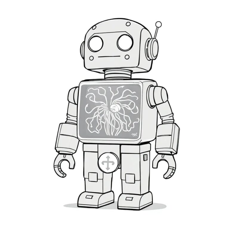 A vintage toy robot with a glowing, transparent chest revealing a complex, pulsating neural network, encased in a glass display with a prominent, yet unbroken, safety seal.