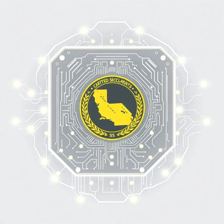 A futuristic, transparent AI circuit board with a golden California state seal embedded in the center, surrounded by glowing, adaptable code that shifts and changes in real-time.