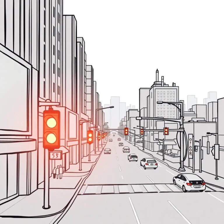 A holographic cityscape with AI-driven traffic lights that adapt in real-time