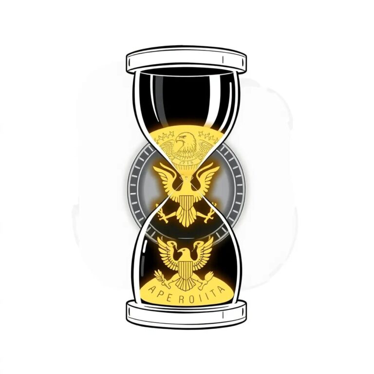 A digital hourglass with a glowing AI circuit board as the sand, flowing from a golden state seal into a federal eagle emblem.
