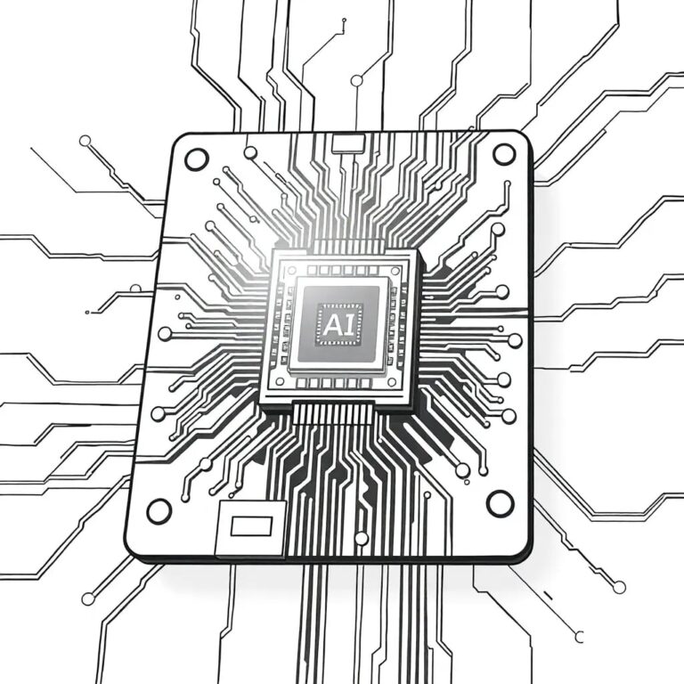 A digital circuit board with a resilient, self-repairing mesh overlay, embedded with a glowing AI chip and surrounded by interconnected, adaptable supply chain nodes