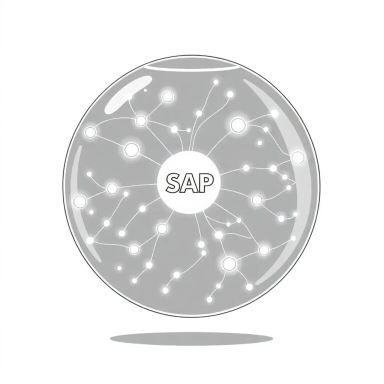A dynamic, interconnected web of glowing, pulsating nodes and pathways, suspended in a glass orb, with a central node labeled 'SAP' and other nodes representing various AI agents, all flowing and adapting in real-time.