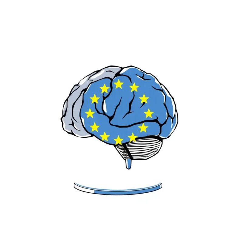 A futuristic, transparent AI brain encased in a glass EU flag