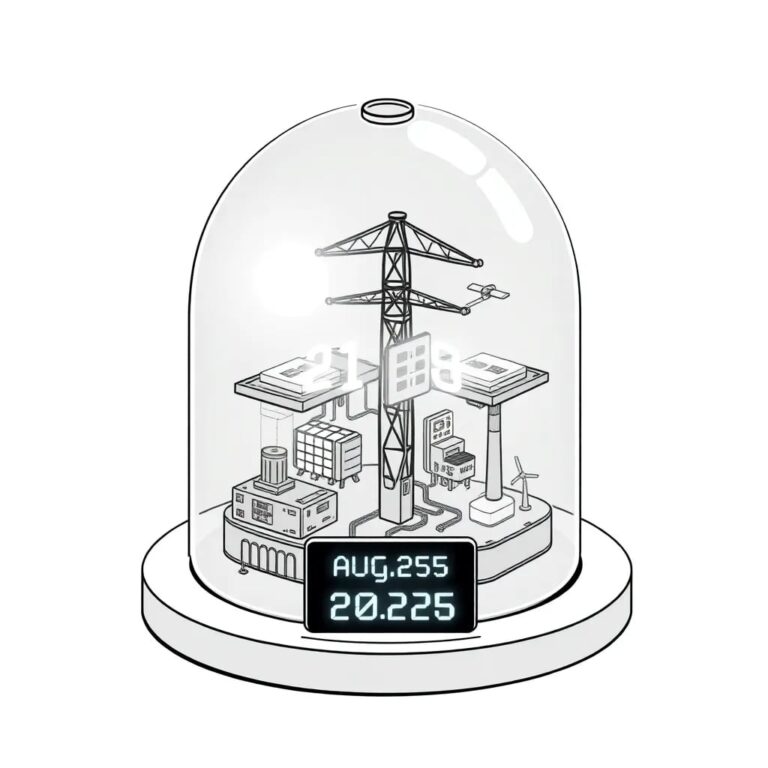 A futuristic, transparent AI-powered smart grid model with glowing circuits and renewable energy sources, encased in a glass dome with a countdown timer to August 2026.