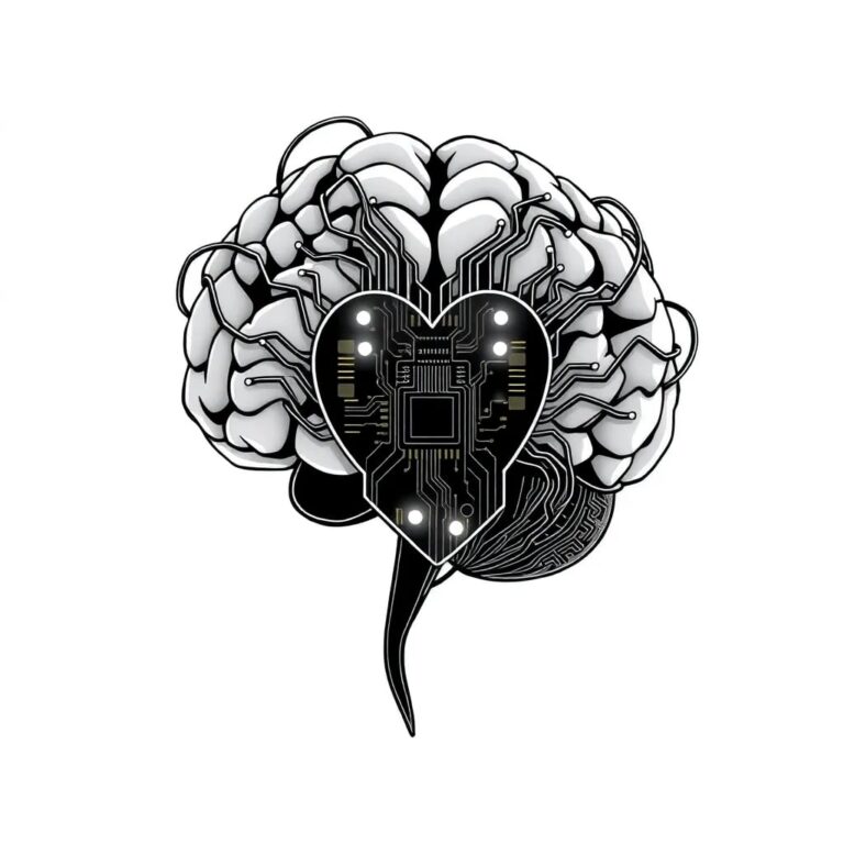 A futuristic, intricately wired brain sculpture with a digital circuit board heart, glowing softly with LED lights, symbolizing the intersection of human intellect and artificial intelligence within a legislative framework.