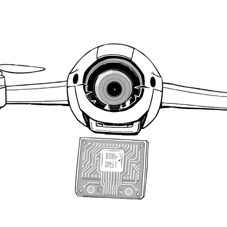 A fractured drone with a shattered camera lens and a circuit board displaying a glitching AI algorithm