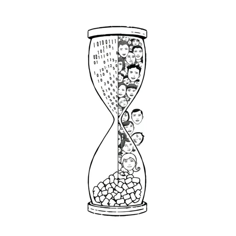 A dual-faced hourglass with one side filled with binary code and the other with a intricate, ever-changing mosaic of human faces