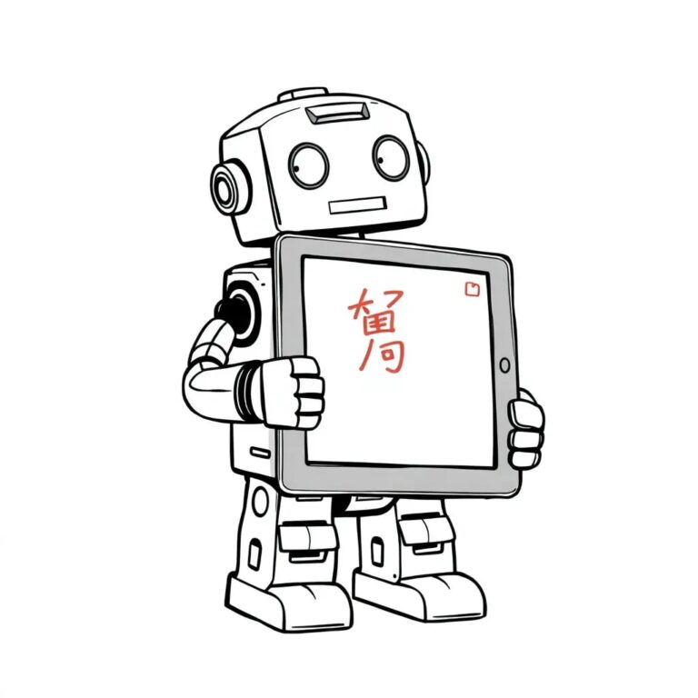 A vintage toy robot holding a tablet displaying a chat interface with a child's drawing on the screen