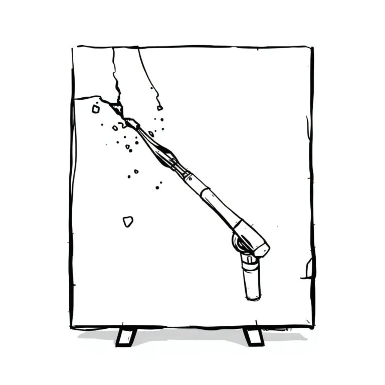 A shattered digital canvas with a robotic paintbrush frozen mid-stroke