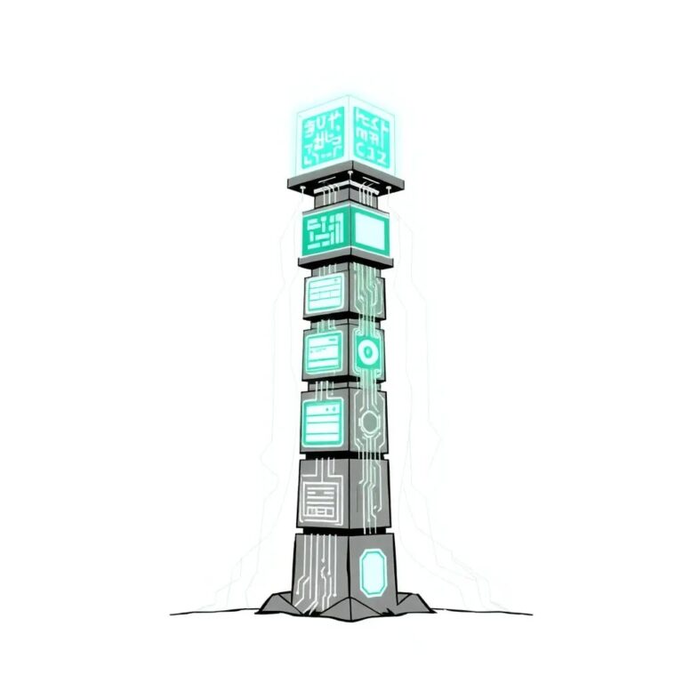 A digital totem pole with data streams flowing into it, topped with a glowing AI circuit board