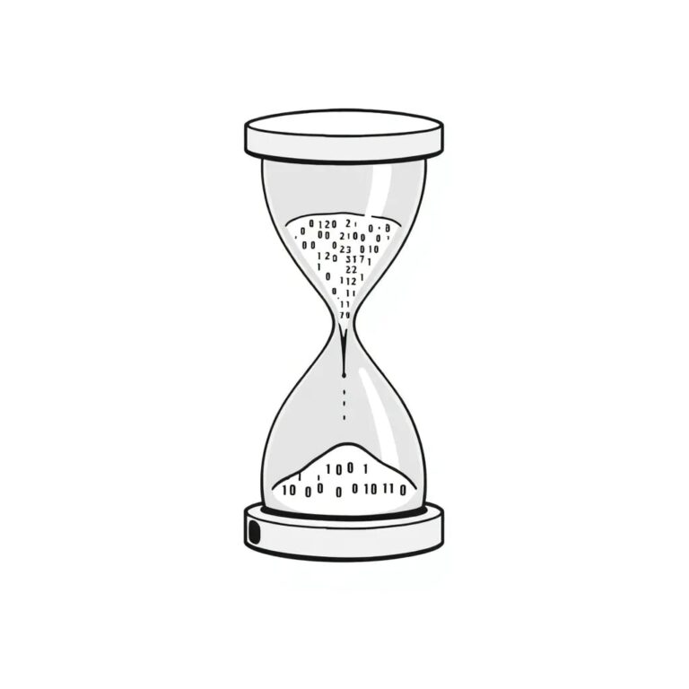 A digital hourglass with flowing binary code instead of sand