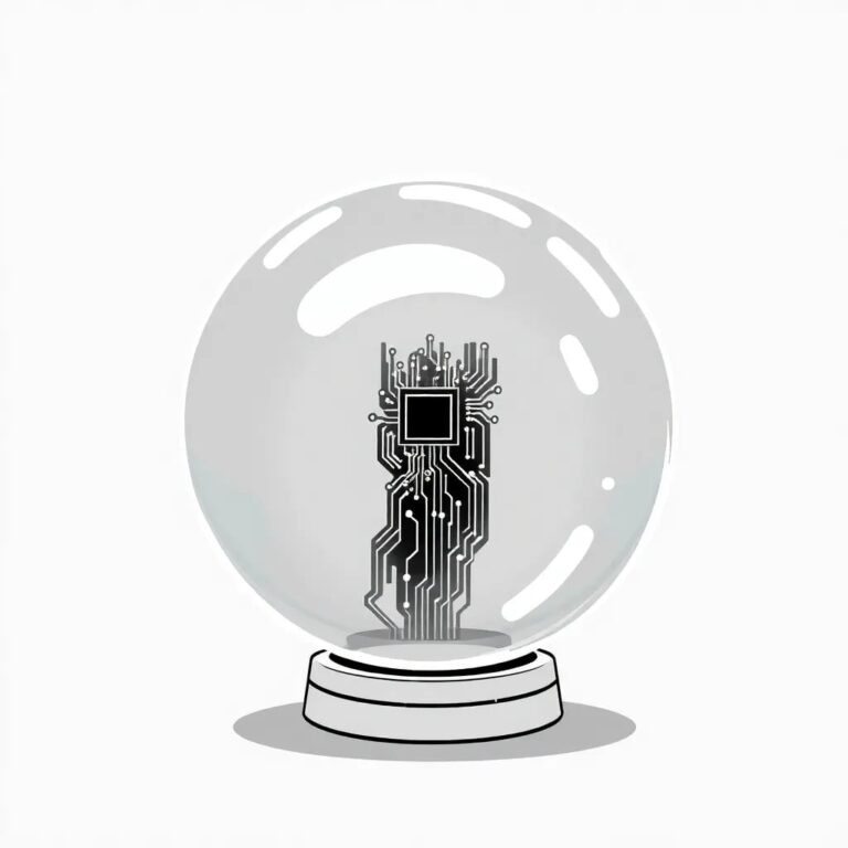 A half-illuminated crystal ball with a digital circuit board embedded within it