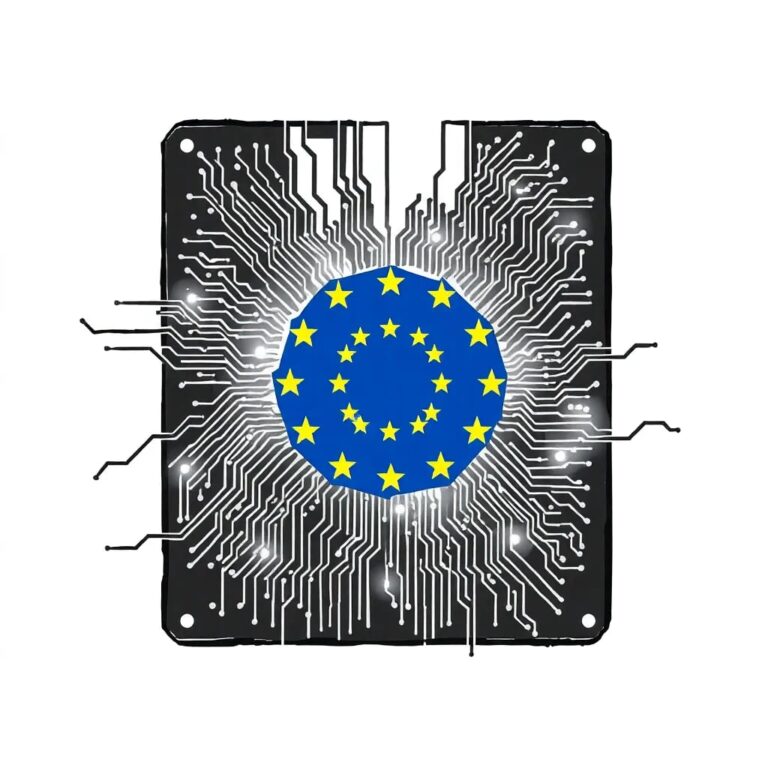 A shattered, glowing circuit board with EU flag colors intertwined among the broken paths