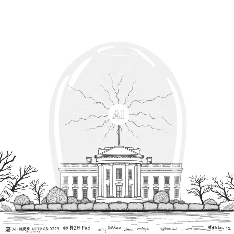 A futuristic, transparent AI neural network model suspended in a glass dome, with intricate, glowing pathways representing data flows, placed on the White House lawn.