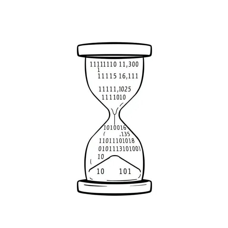 A digital hourglass filled with binary code