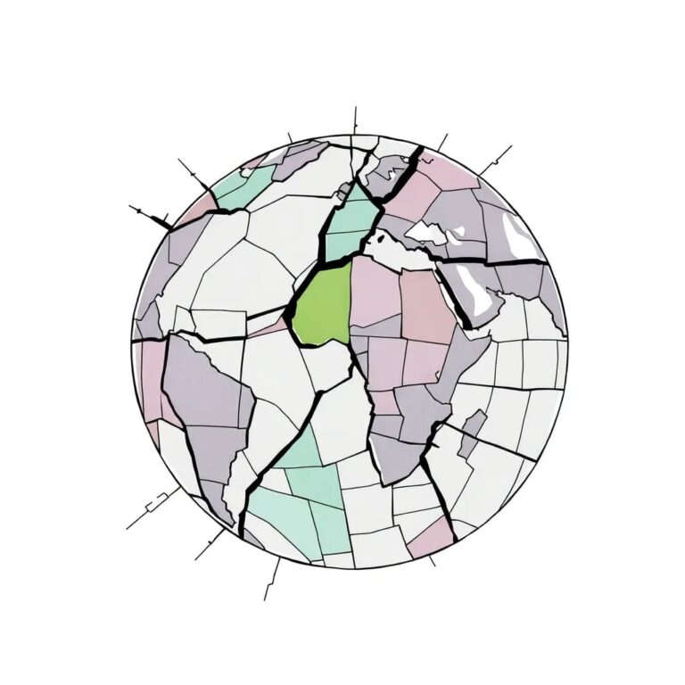 A shattered, multi-colored glass mosaic of a globe, with AI circuitry embedded within the cracks