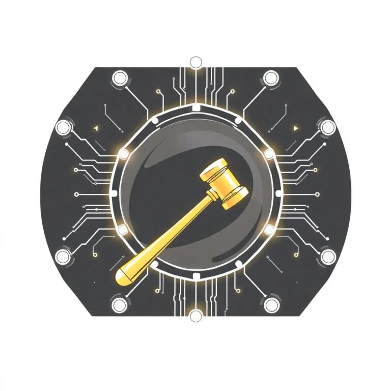 A futuristic, transparent AI circuit board with a golden gavel embedded in its center, surrounded by tiny, glowing binary code symbols that shift and change like a living entity.