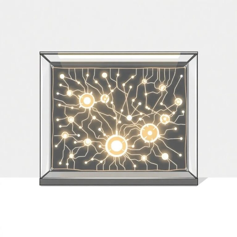 A glowing, intricately woven digital tapestry displaying interconnected neural networks and ethical guidelines, framed in a sleek, futuristic glass case.