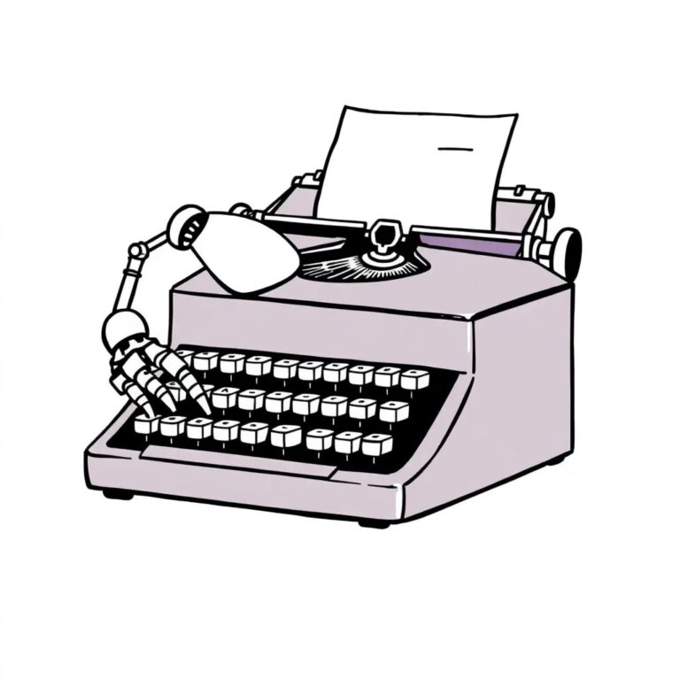 A vintage typewriter with a robotic arm typing out legal documents