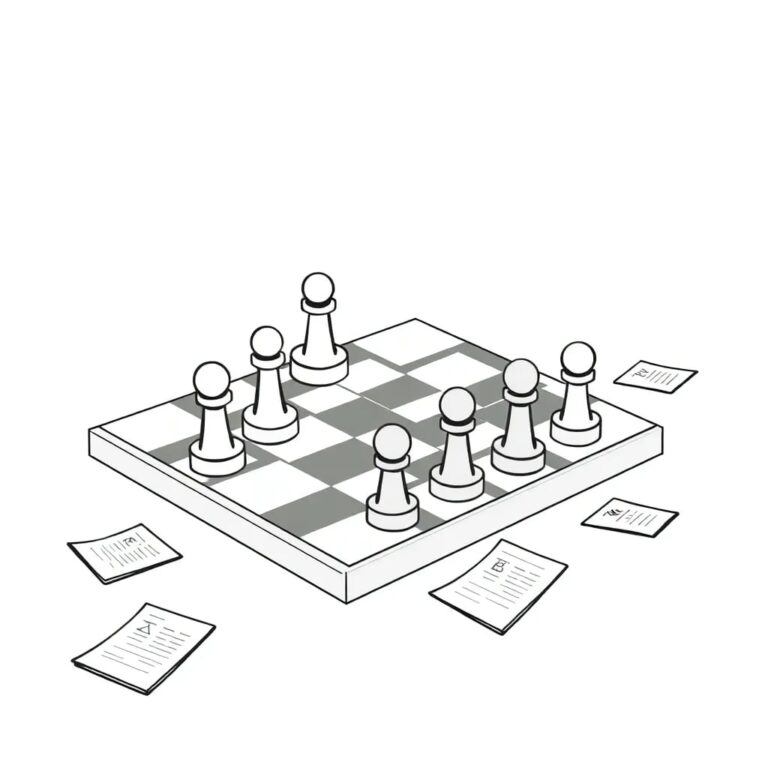 A futuristic, half-assembled chessboard with AI-controlled pieces frozen mid-move, surrounded by scattered, glowing legislative documents