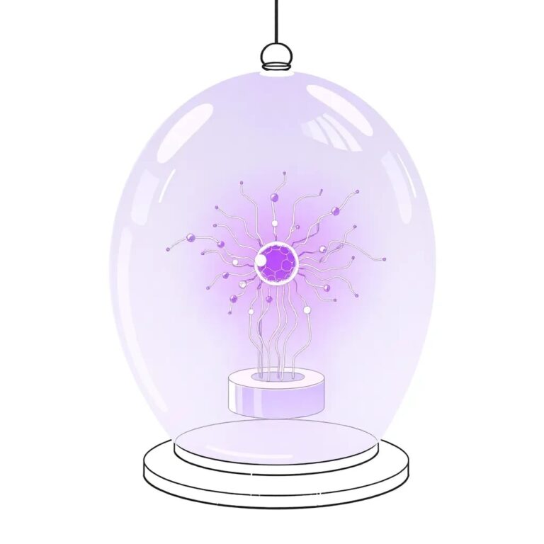 A holographic, ever-shifting AI neural network, glowing in shades of purple, suspended within a transparent, intricately designed glass dome.