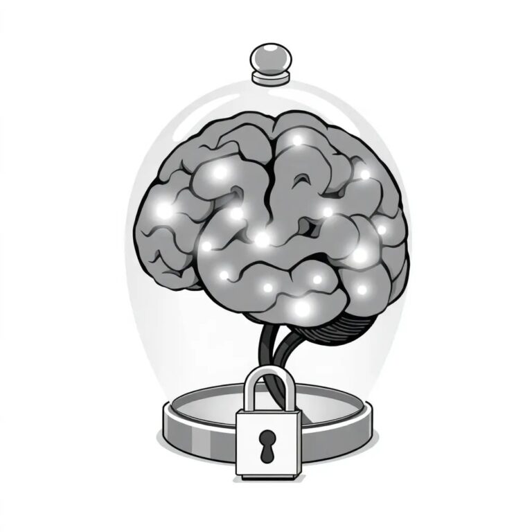 A futuristic, transparent AI brain with interconnected neural pathways, some glowing brightly while others flicker uncertainly, encased in a glass dome with a digital lock and key.