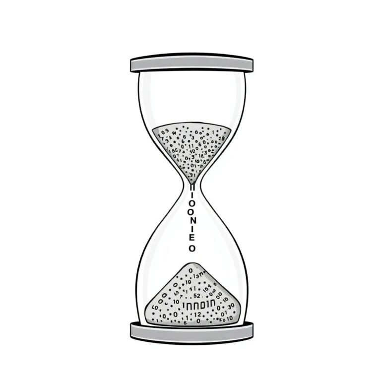A digital hourglass with sand made of binary code, slowly trickling into a transparent container shaped like a circuit board.