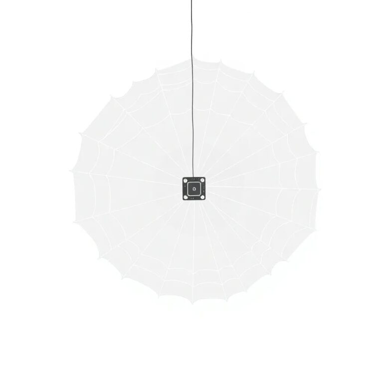 A delicate, intricately woven spider web with a single, small, glowing AI chip suspended in its center