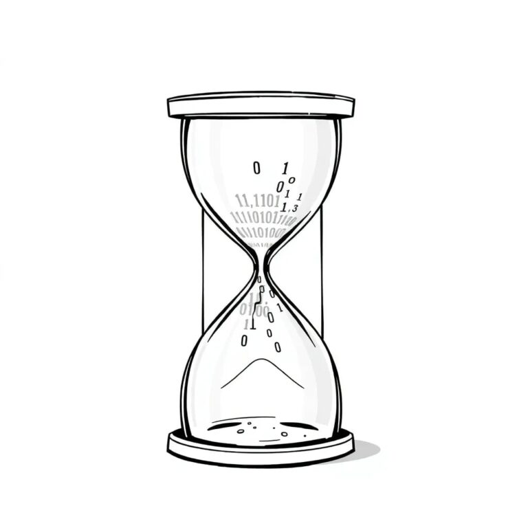 A shattered digital hourglass with binary code flowing from its broken center
