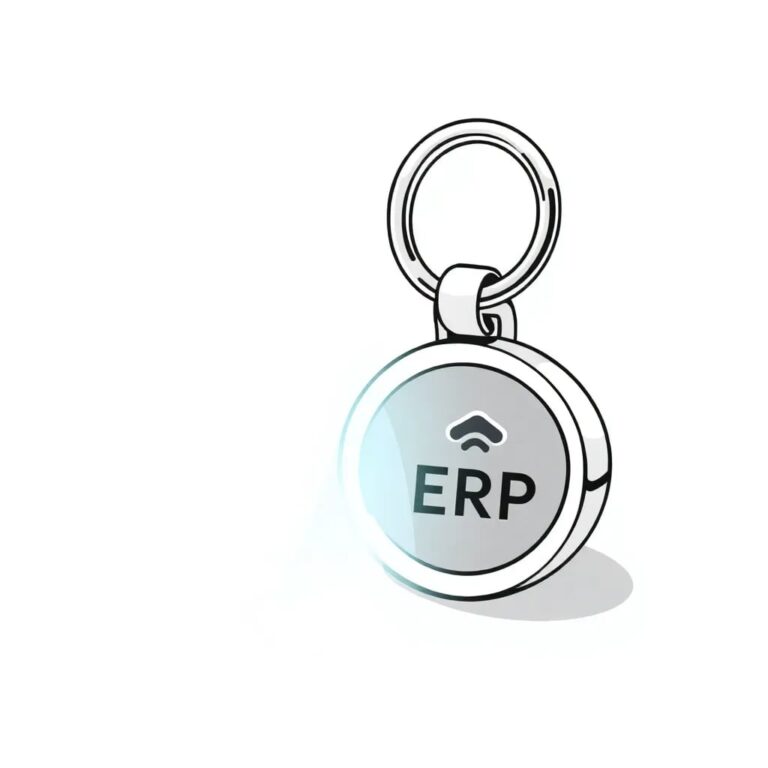 A digital keychain with interlocking AI and ERP icons, glowing with a pulsating light
