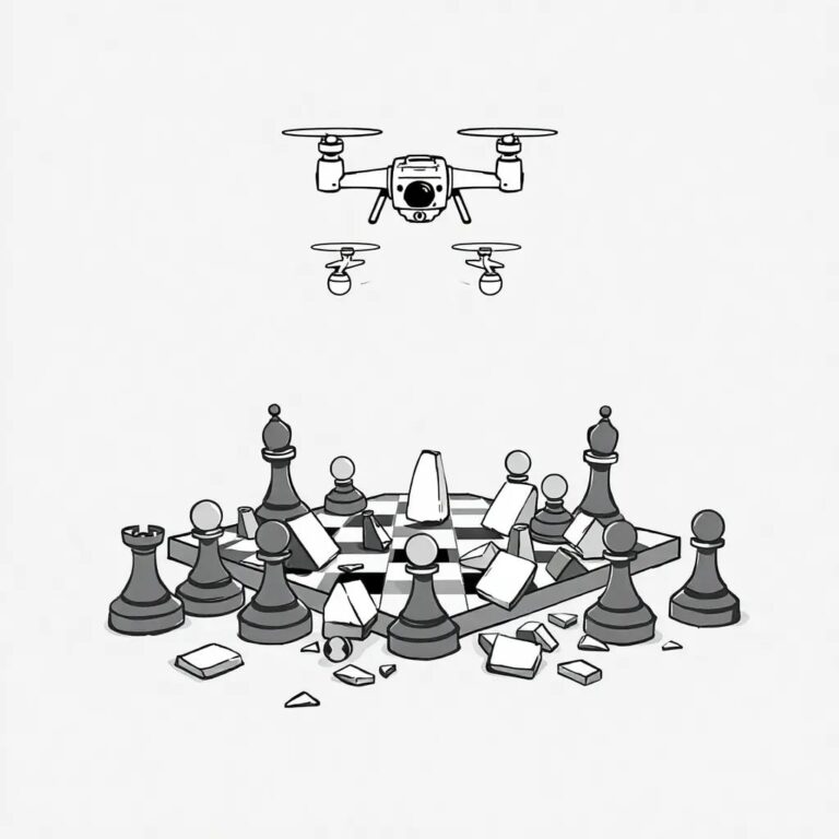 A shattered chessboard with AI-driven drones hovering above it