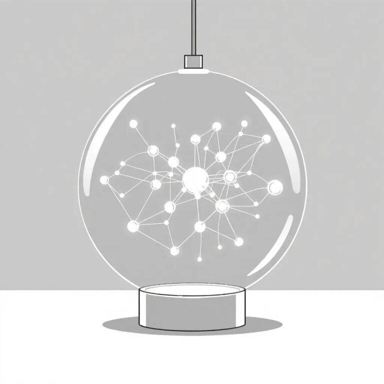 A holographic, ever-shifting AI neural network model suspended in a glass orb, with glowing nodes representing real-time data flows and governance protocols.