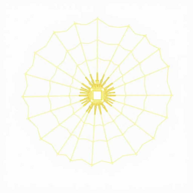 A golden, intricately woven spider web with a single, glowing AI circuit board at its center
