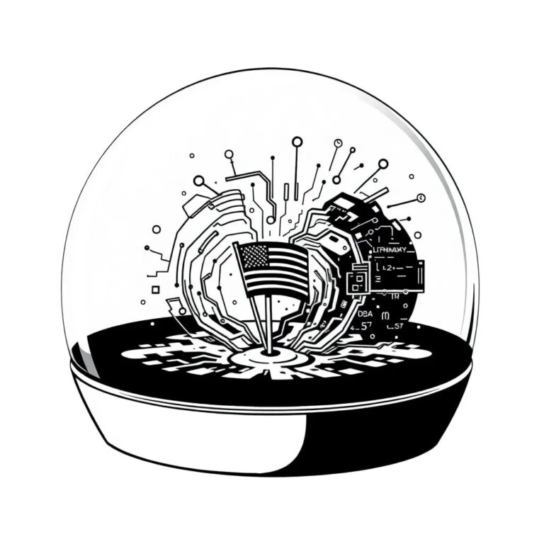 A futuristic, transparent glass dome containing a swirling, digital storm of algorithms and data streams, with a miniature American flag planted firmly in the center.