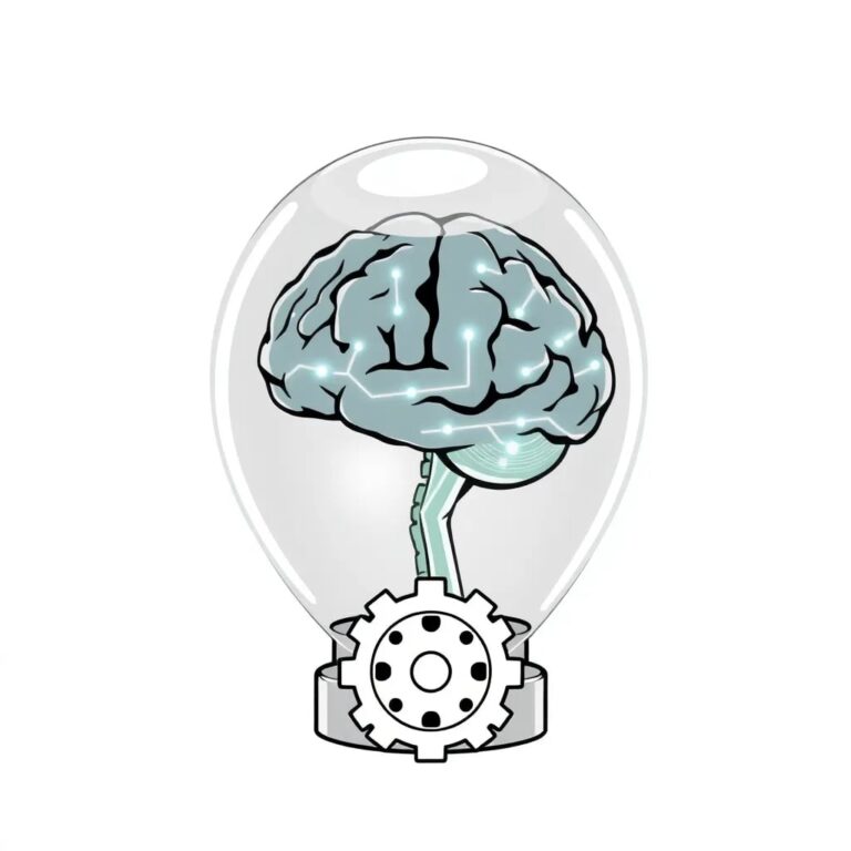 A futuristic, transparent AI brain encased in a glass dome, with interconnected neural pathways glowing softly, surrounded by a protective, interlocking gear mechanism symbolizing governance and safety.