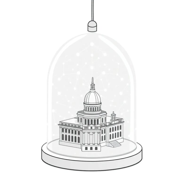 A futuristic, transparent AI neural network model suspended in a glass dome, with a miniature White House and Capitol building at its base, connected by glowing, pulsating data streams.