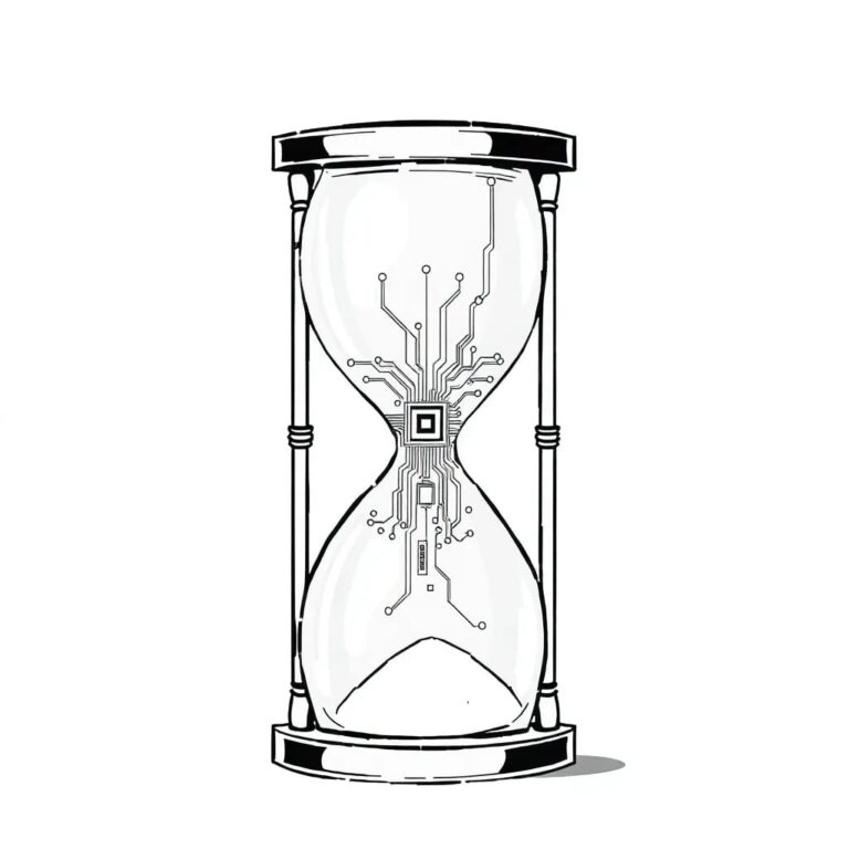 A shattered hourglass with a digital circuit board embedded within