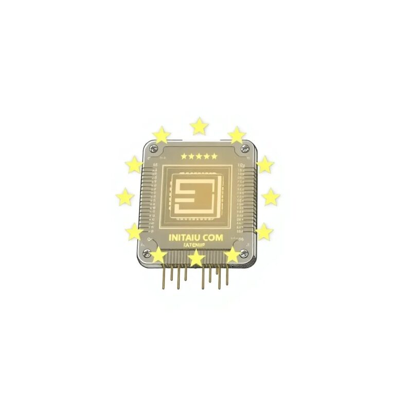 A futuristic, transparent AI chip embedded in a vintage EU flag, glowing with pulsating circuits.