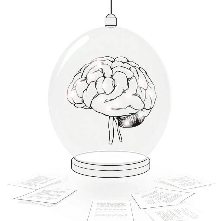 A futuristic, transparent AI brain model suspended in a glass dome, with interconnected neural pathways illuminated by soft, pulsating lights, surrounded by a framework of intricate, golden policy documents