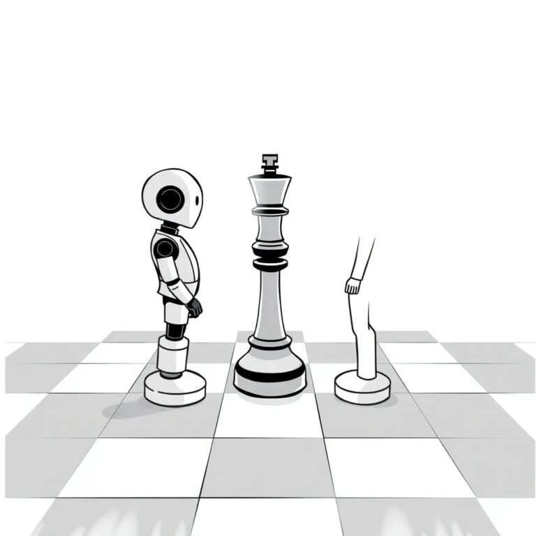 A chessboard with a robot pawn standing on one side and a human pawn on the other, both facing a shared, glowing digital screen.