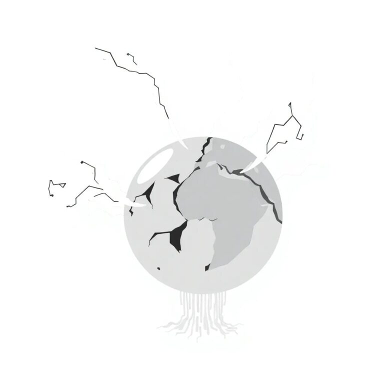 A shattered digital globe with data streams leaking out like toxic fumes