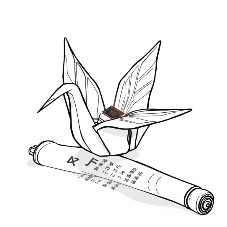 A futuristic, intricately designed origami crane with a small, glowing AI microchip embedded in its wing, perched atop a traditional Japanese scroll displaying a digital code of ethics.