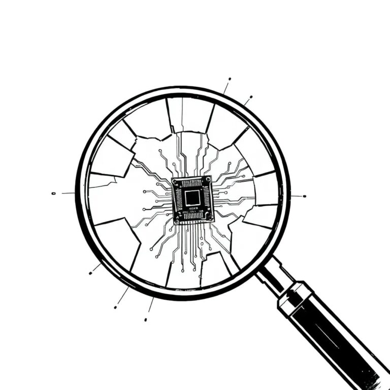 A shattered magnifying glass with a tiny, intricate circuit board embedded within its fragments