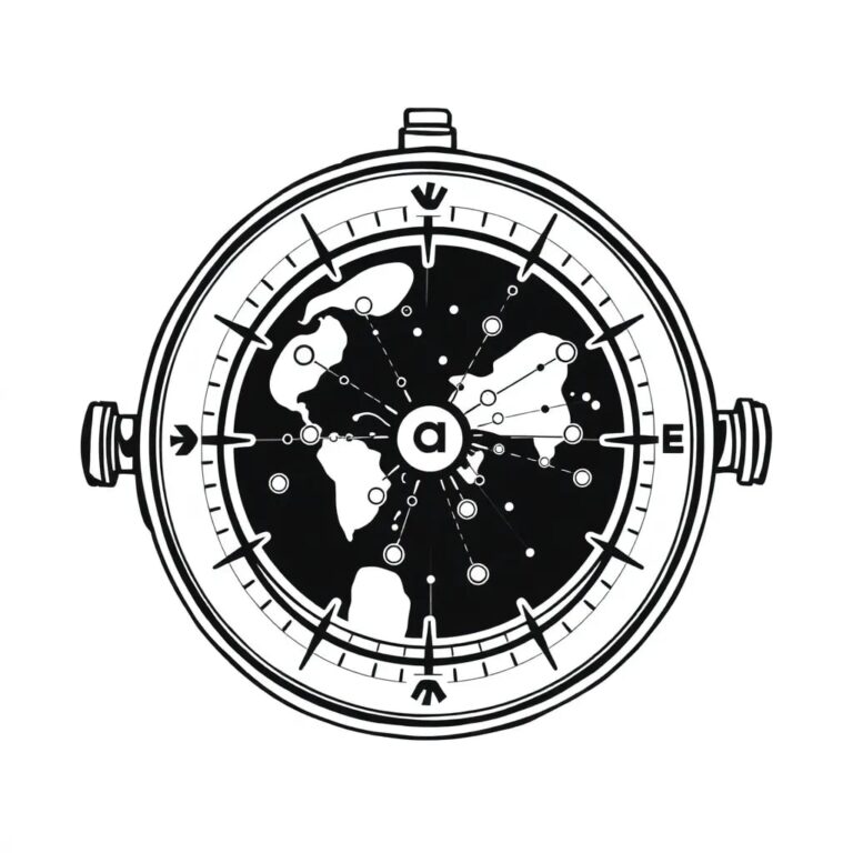 A compass with a digital display that shows a constantly shifting map of interconnected nodes, representing the dynamic landscape of AI ethics and governance.