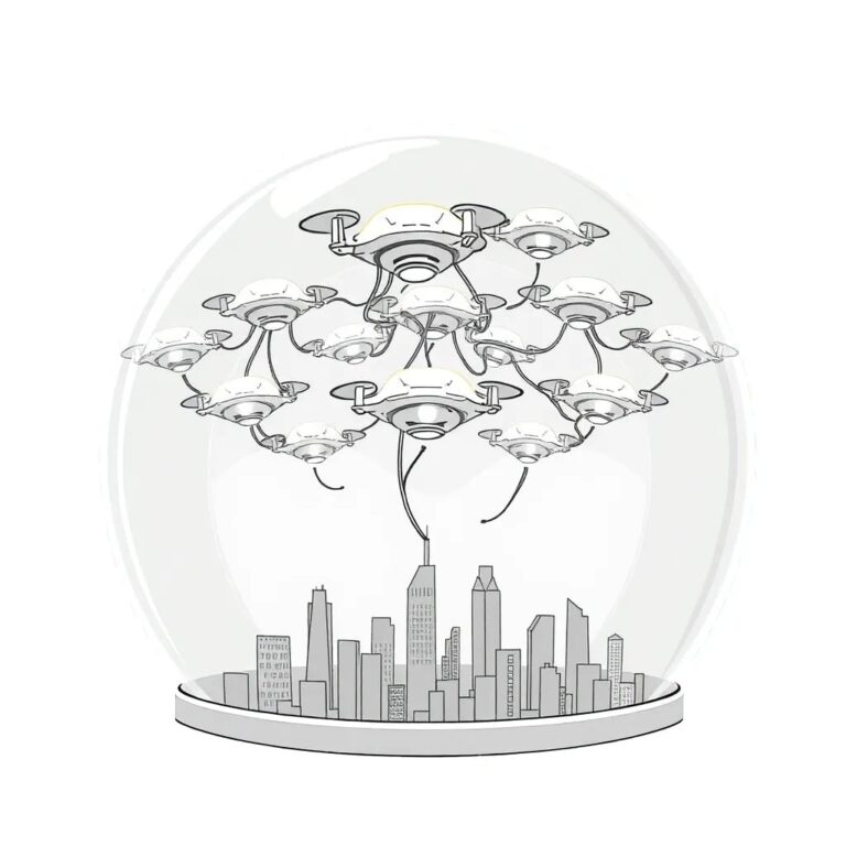 A futuristic, transparent glass dome containing a swarm of glowing, interconnected AI drones, each with tiny, blinking LED eyes, hovering over a miniature cityscape.