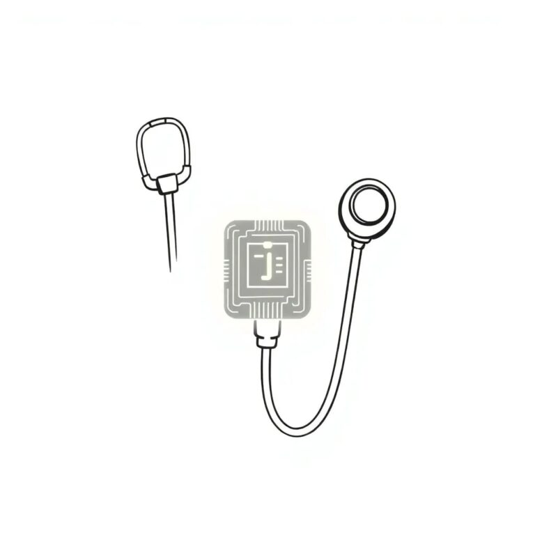 A digital stethoscope with a glowing, translucent AI circuit embedded within its chest piece