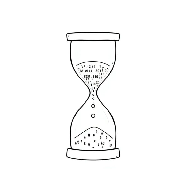 A digital hourglass with flowing binary code instead of sand