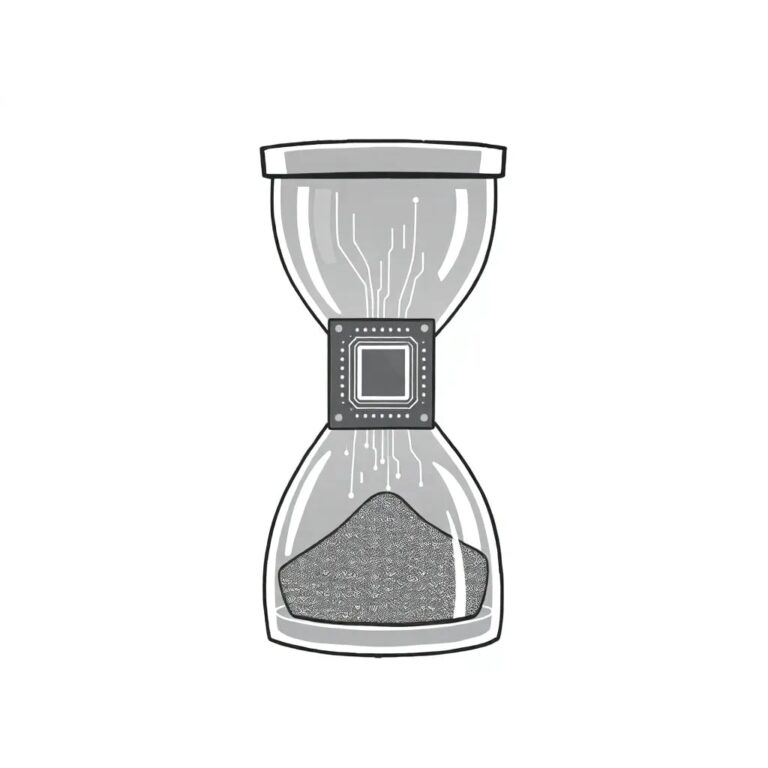 A futuristic, transparent AI chip encased in a glass hourglass with flowing, luminescent data streams instead of sand