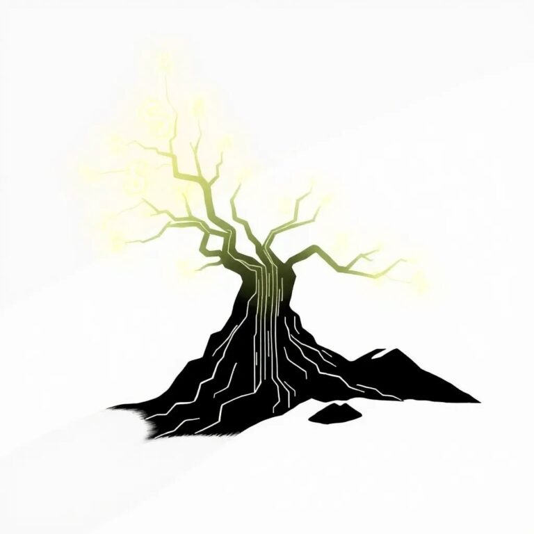 A rapidly growing, luminescent digital tree with branches that morph into circuit boards and leaves that transform into currency symbols